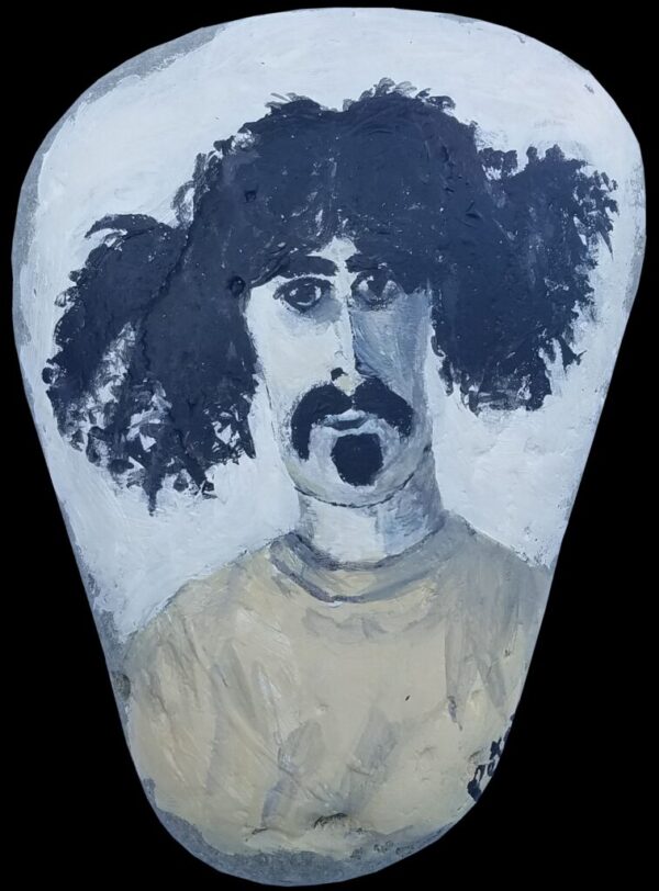 Acrylic painting of Zappa on a rock.